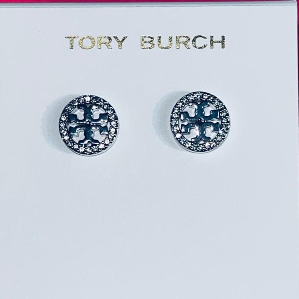 Tory Burch Crystal logo stud earrings Silver - Picture 4 of 5